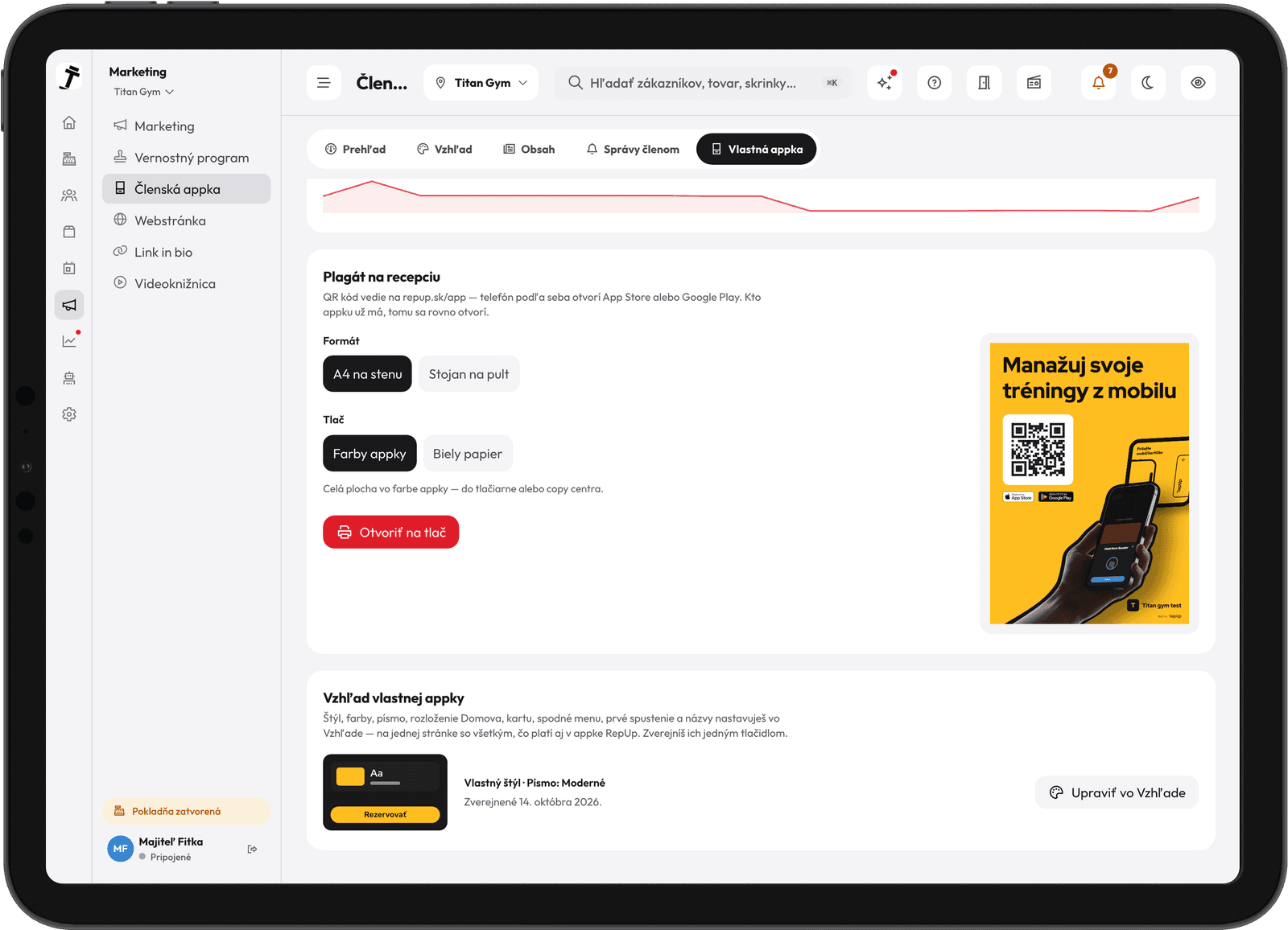 Plagát na recepciu v paneli RepUp — QR kód do App Store a Google Play vo farbách aplikácie fitka